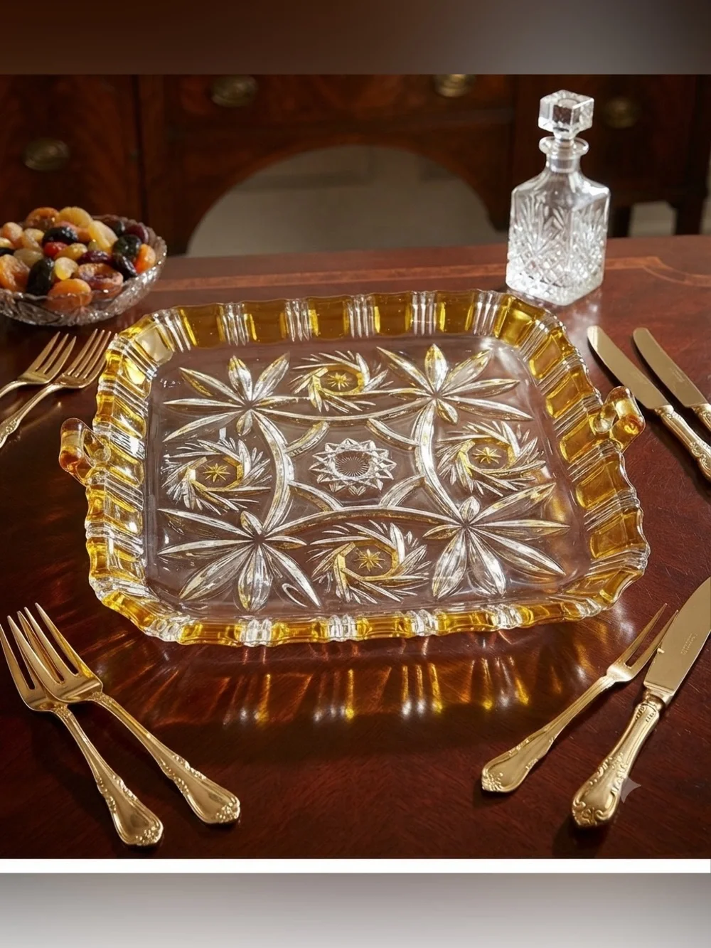 Waltherglass Germany Cut Glass Square Nut Dish 1960s Pineapple Yellow